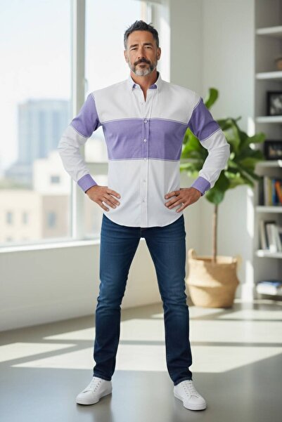 Beyome Cămașă Oxford slim fit pentru bărbați, cu nasturi ascunși, cu mânecă l...