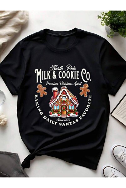 LİNA06 Black T-Shirt Featuring Milk & Cookie Co.Gingerbread House Design, Sho...
