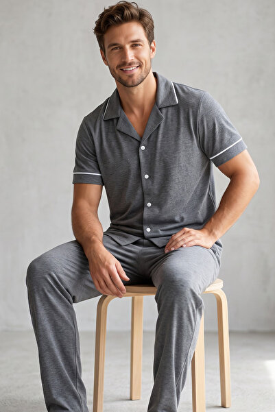 Siyah İnci Gray Melange Men's Short Sleeve Shirt Collar Buttoned Ribbed Pajam...