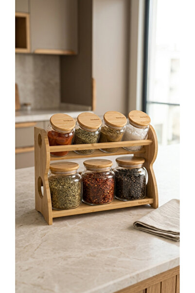 Heda Porselen 8-Piece Glass 2-Tier Spice Rack Set with Stand Horizontal