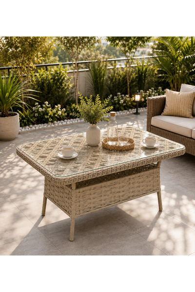 kartal plan teknik Rattan Bahçe Balkon Mutfak Masası Bej Cam Tablalı 80x140 cm