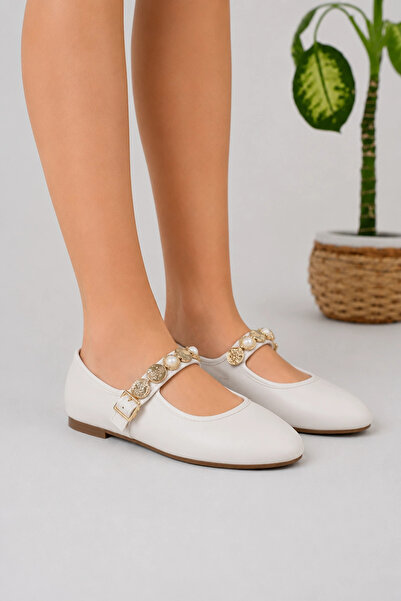 HT HOTİN Jeremy Women's Pearl Gold Detailed Belted Ballerinas - Beige