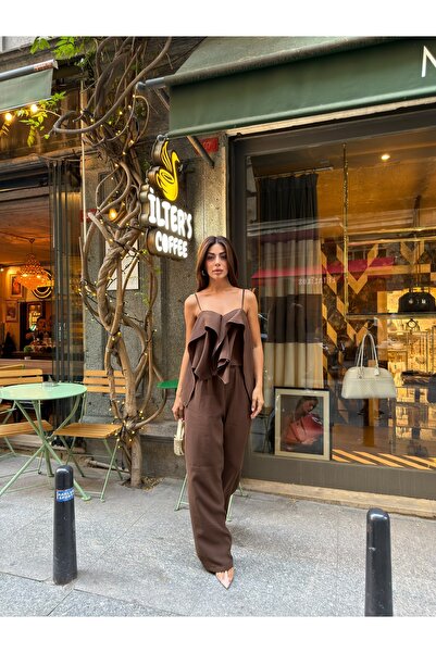 LB Laluna Butik Kadın Kahverengi Fırfırlı Bluz Ve Yüksek Bel Palazzo Pantolon Takımı
