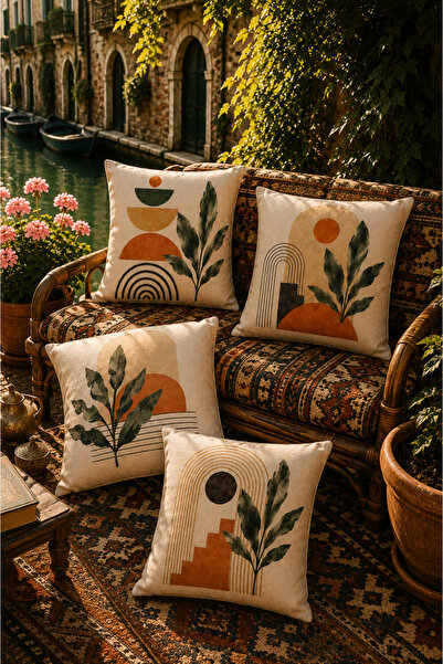 SasoHome The Terra Collection | Doğadan İlham Alan Premium Kırlent Seti - Desenli Dijital Baskılı Dekoratif Kırlent Kılıfı Seti 4lü