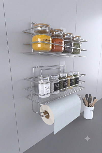 EVA METAL TASARIM Krom Gümüş 2’li Yapışkanlı Banyo Raf Seti – Kağıt Havlu Askılı & Duş Organizer Set Banyo Rafı