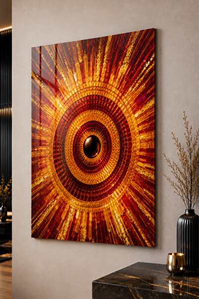 Kırmızı Altın Soyut Güneş Işınları Dekoratif Cam Tablo 50 x 70 cm