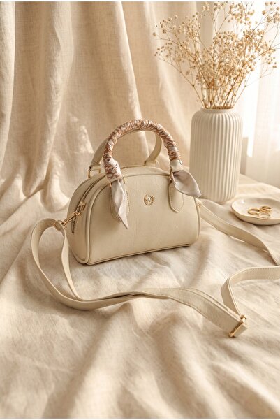 Modamorfo Scarf Detailed Zippered Long Strap Bag - Cream