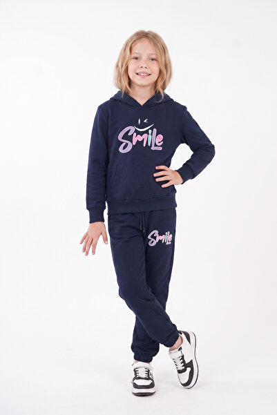 FYK KİDS Girl's Printed Kangaroo Pocket Hooded Tracksuit Set