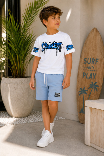 zepkids Boy's Shorts Set Printed Short Sleeve Light Blue Shorts White Summer ...