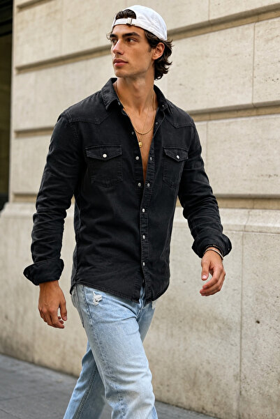 Tarz Cool Men's Slim Fit Black Jeans Shirt Snap Button Long Sleeve Denim Shirt