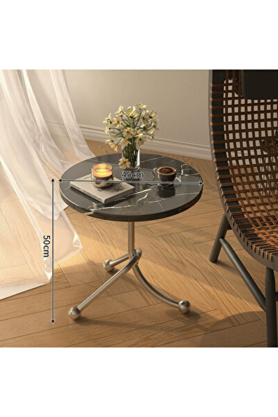 Snooe Modern Round Side Table with Faux Marble Top, 45x50cm Small Coffee Tabl...