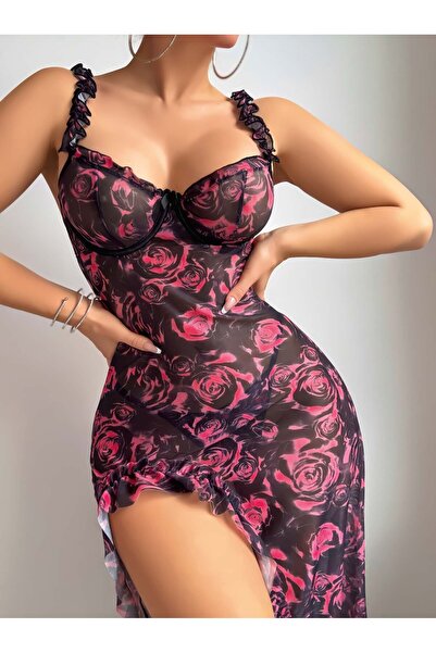ESPERE Women's Micro Rose Printed Slit Long Nightgown