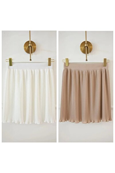 fh fashionhere Women's Pleated Skirt Underwear 2-Pack Ecru Mink Elastic Waist...