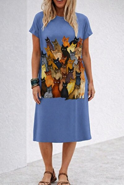 Generic Brand Short Sleeve Crew Neck Cat Patterned Midi Viscose Dress