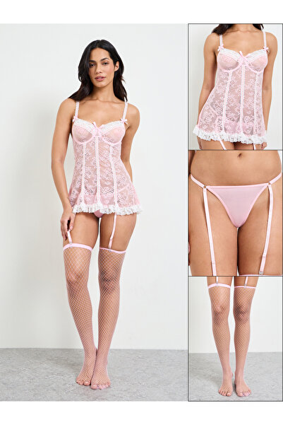 Take Two By Styli Pink Lace Slip, Brief and Stocking Suspender Set