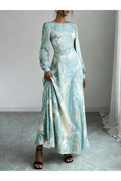 Take Two By Styli Blue Paisley A-Line Maxi Dress With Long Sleeves