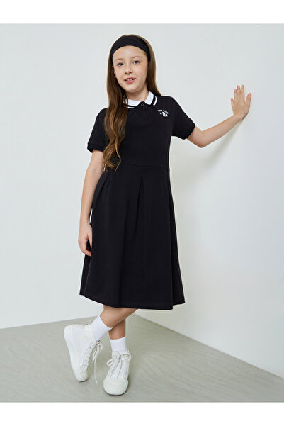 Styli Teen Girls Black Polo Dress with Minimal Embroidery