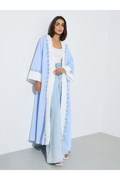 Amirah By Styli Light Blue Embroidered Open Front Abaya with White Trims