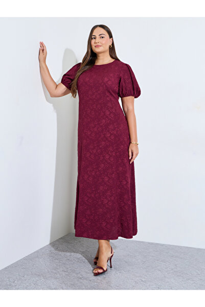 Styli Plus Size Purple Puff Sleeves Textured A-Line Maxi Dress