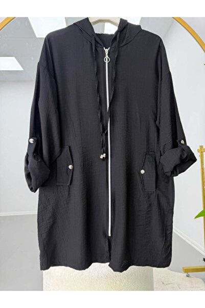 modasindoma Hooded Zipper Cap with Sleeve Epaulet Detail Black