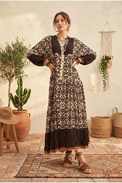 ALFUDO Moda Collection Kadın Etnik Desenli Bohem Tarz Yarım Düğmeli Uzun Maxi...