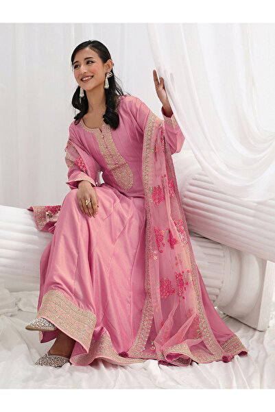 Libas By Styli Pink Embroidered Silk Blend A-Line Gown