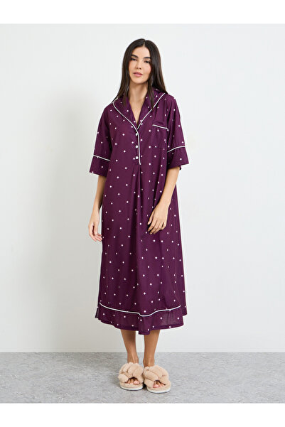Styli Purple Contrast Piping Polka Dot Nightshirt