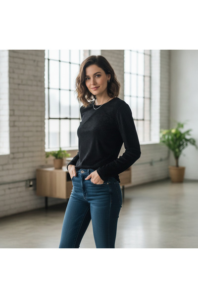 BONBON Women's Velvet Fabric Long Sleeve Black Color Blouse Bb2775
