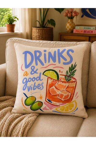 Sakallı Set of 2 Drinks & Good Vibes & Bonjour Coffee Patterned Digital Printed Decorative Throw Pillow Covers