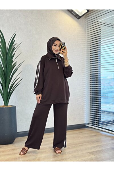 ALANURMODA 3405 بدلة بياقة واسعة مطرزة بالخرز باللون البني