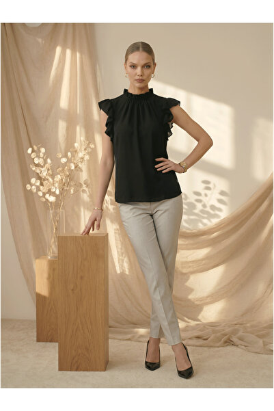 Mish By Styli Black Regular Fit Ruffle Detail Top