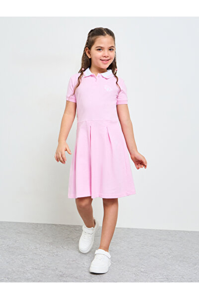 Styli Girls Pink Polo Dress with Minimal Embroidery