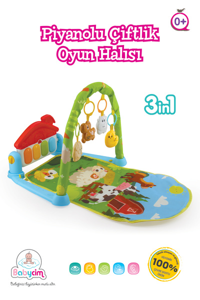 BABYCİM Piyanolu Çiftlik Desenli Yenidoğan Bebek Oyun Halısı, Çıngıraklı Akti...
