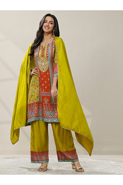 Libas By Styli Printed Silk Blend A-Line Kurta, Palazzos And Dupatta Set
