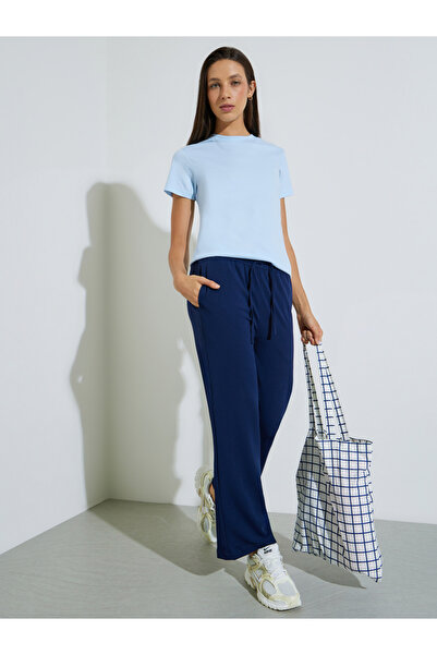 Styli Navy Blue Straight Leg Trousers with Drawstring