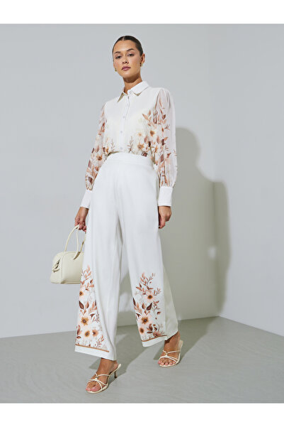 Styli Off White Floral Print Straight Fit Pants
