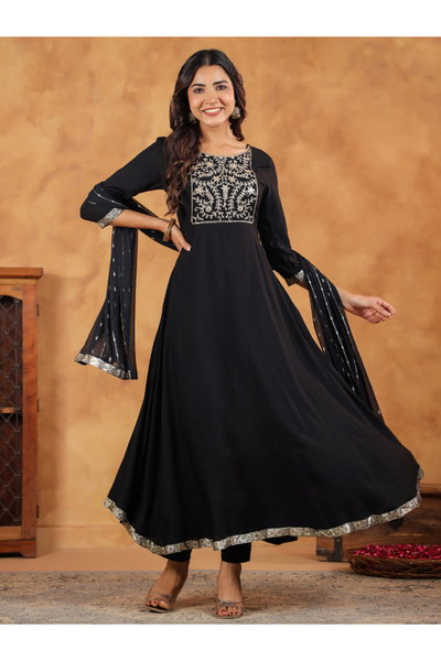 Janasya by Styli Women Black Rayon Zari Embroidered Anarkali Kurta with Pant Set