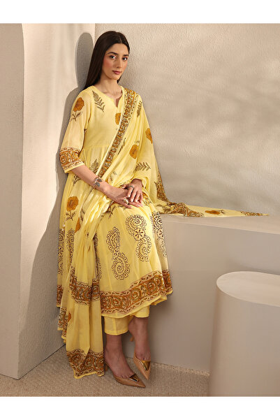 Libas By Styli Yellow Printed Cotton Anarkali Kurta with Trousers and Dupatta...