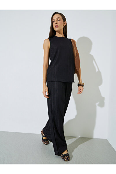 Styli Black Sleeveless Textured Top and Trousers Co-ord Set