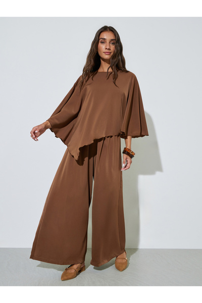 Styli Brown Solid Flared Sleeve Asymmetrical Hem Top and Wide Leg Pants Co-Ords