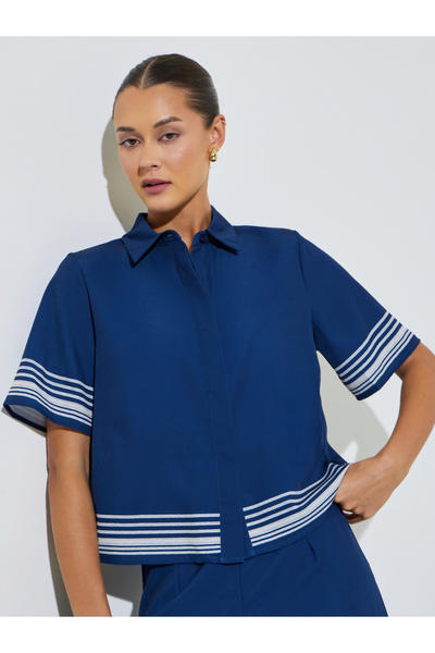 Styli Navy Blue Short Sleeve Contrast Striped Trims Crop Shirt
