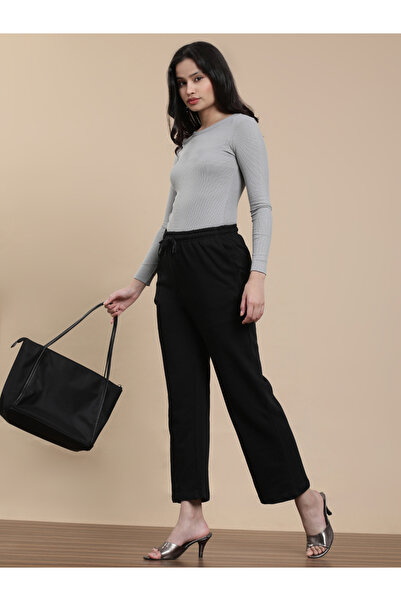 De Moza By Styli Black Knit Cotton Terry Straight Pants