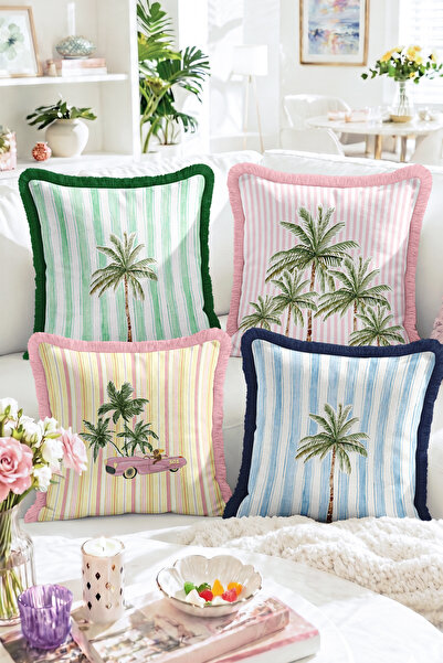 Realhomes Set of 4 Fringe Throw Pillow Covers with Palm Tree and Striped Patt...