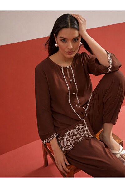 Sassafras By Styli Brown Embroidered Button Down Short Kurti with Salwar Set