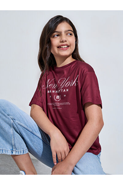 Styli Teen Girls Oversized Burgundy Colorado Print T-Shirt