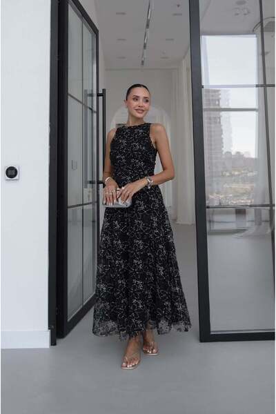 Havoş Black Sequin Embroidered Sleeveless Dress