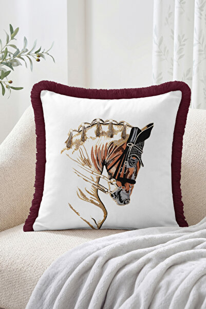 Realhomes Traditional Harness-Adorned Horse Head Figured Fringed Throw Pillow...