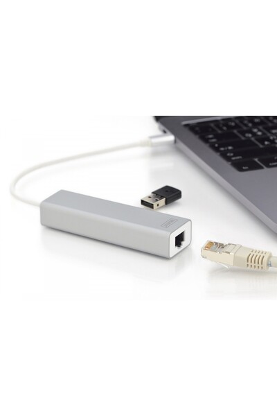 Digitus HUB/Concentrator 3 porturi USB Tip C, USB A de mare viteză cu LAN Gig...