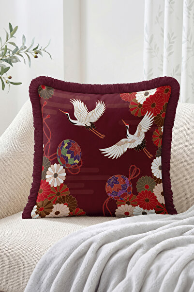 Realhomes Swallow Bird and Flower Motif Balloon Detailed Fringed Throw Pillow...
