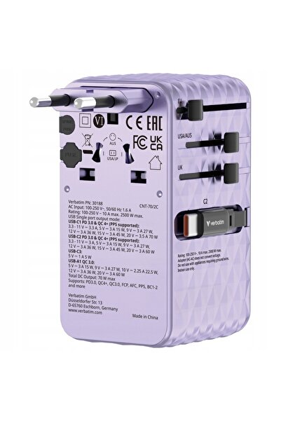 Verbatim Charge 'n' Travel GaN III Adaptor universal de călătorie 1xUSB-C PD 3.0